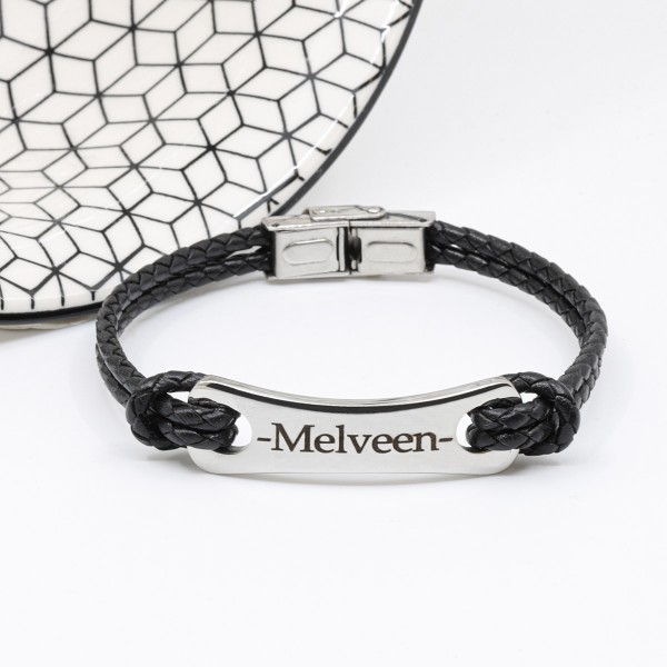 Men’s Engraved Steel and Leather Bracelet