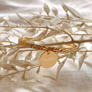 Hammered Bangle with Engraved Charm