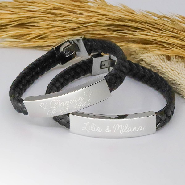 Men's Engraved Steel and Braided Leather Bracelet
