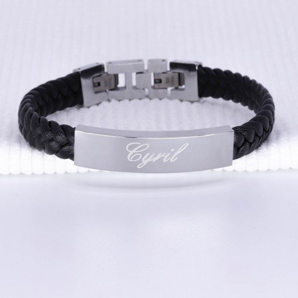 Men's Engraved Steel and Braided Leather Bracelet